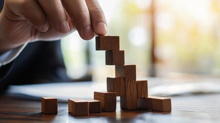 Poster - A person is building a tower out of wooden blocks