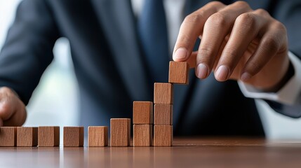 Poster - A man is stacking wooden blocks on top of each other