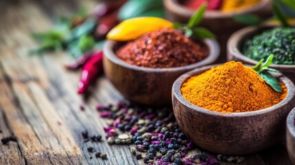 Aufkleber - Colorful spices arranged in wooden bowls on a rustic wooden table with fresh herbs and ingredients. Generative AI
