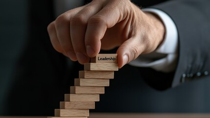 Poster - A man is holding a wooden block with the word leadership written on it