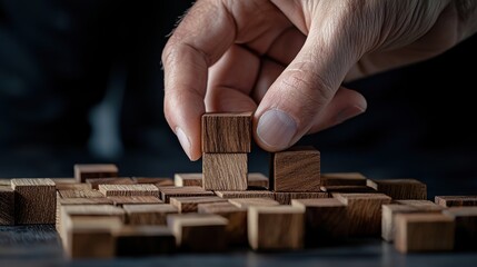 Poster - A hand is holding three wooden blocks on top of each other