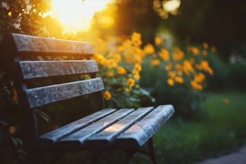 Poster - Relaxing bench surrounded by vibrant flowers at sunset in a serene garden setting. Generative AI