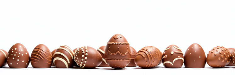 Poster - White Background Isolates Bottom Border Row Of Easter Chocolate Egg In A Standalone Image Perfect For A Web Banner Or Graphic. 00001