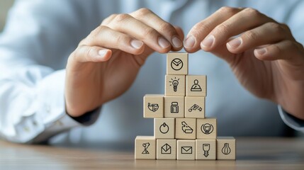 Aufkleber - A person is holding a stack of wooden blocks with various symbols on them