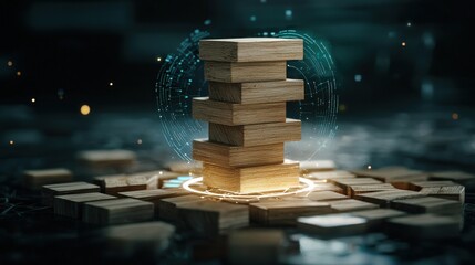 Aufkleber - A stack of wooden blocks is on a table with a glowing circle around it