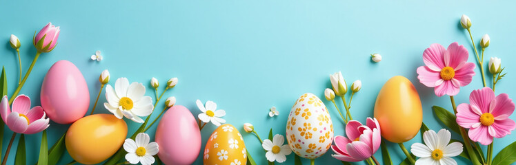 Poster - Vibrant Easter Eggs And Colorful Spring Flowers Adorn A Soft Blue Background With White Blossoms For A Beautiful Design. 00002
