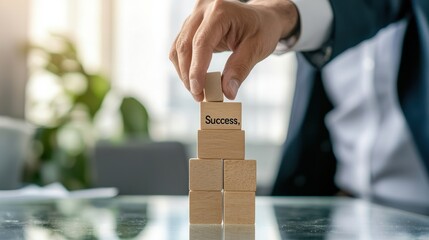 Poster - A man is stacking wooden blocks on top of each other with the word success writt