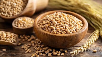 Poster - Dried grains in wooden bowls displayed on rustic wooden table surrounded by wheat stalks. Generative AI