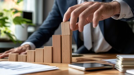 Poster - A man is building a tower of wooden blocks on a table