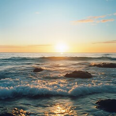 Aufkleber - Sunset over the ocean with gentle waves and rocky shoreline creating a serene coastal view at dusk. Generative AI