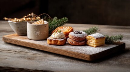 Wall Mural - Delightful assortment of festive pastries with a warm drink and holiday decorations on a rustic wooden platter