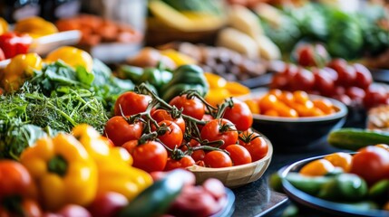 Poster - Fresh vegetables and fruits displayed at a local market during daytime under natural light for a vibrant shopping experience. Generative AI