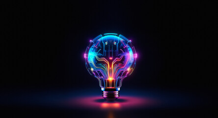 Poster - A vibrant neon light bulb illuminates against a dark backdrop, showcasing a digital circuit pattern within its glass form and glowing with blue, pink, and orange hues.