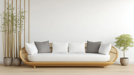 Aufkleber - 3D rendering of a modern living room interior design featuring a white sofa, wooden elements, and a light wall background. The minimalist home decor concept incorporates Japanese-style design elements