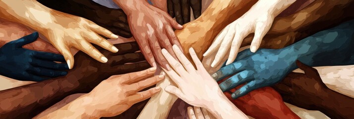 Aufkleber - Unity and support illustrated through a circle of interconnected hands showcasing diversity and collaboration. Generative AI