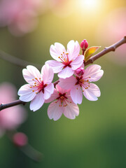 Poster - Soft Pink Cherry Blossoms Bloom Against A Natural Background Of Green, Blue, And White Bokeh With Warm Sunny Blurred Light. 00001