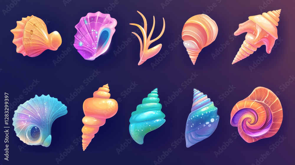 Sea Shell Sprites Sea shell and snail conch game icons. Cartoon vector illustration set ...
