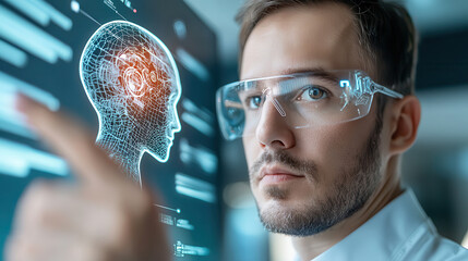 Fototapete - man wearing smart glasses interacts with digital interface displaying virtual brain, symbolizing AI governance and responsibility in futuristic setting