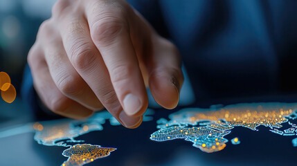 Fototapete - hand interacts with digital global map projection, featuring cyberpunk style digital grid with glowing elements, symbolizing AI powered technology and innovation