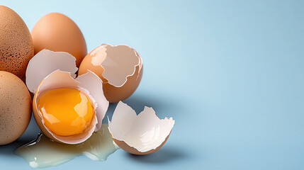Poster - Broken eggshells with yolk on blue surface in minimalist composition