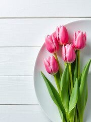 Poster - Pink Tulips Adorn A Beautifully Set Easter Table With A Simple Yet Elegant White Wooden Background In Top View. 00001