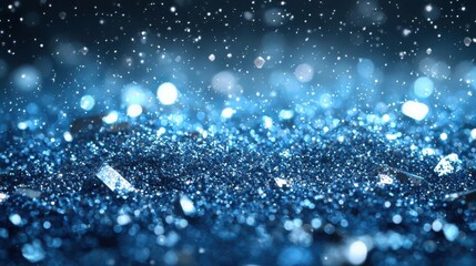 Poster - Abstract silver glitter background with bokeh lights and white snow falling on the floor. Background for product display, presentation, or packaging design. Copy space, commercial use