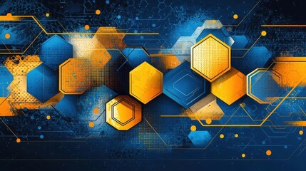 Poster - Abstract Background with geometric shapes and lines in blue, orange, and yellow colors, creating an abstract, tech-inspired feel. modern clean lines and aesthetic, for technology graphics decor