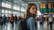 © Leopard - Young woman with backpack looks back in busy airport terminal filled with travelers during the day