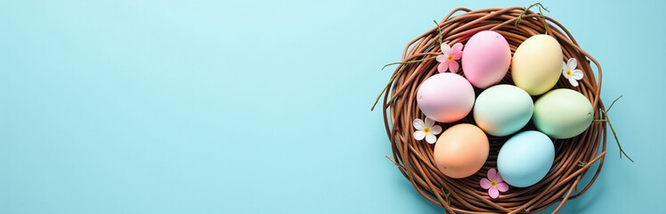 Poster - Pastel Easter Eggs Are Arranged On A Wicker Wreath Against A Light Blue Background In A Creative Springtime Composition. 00001
