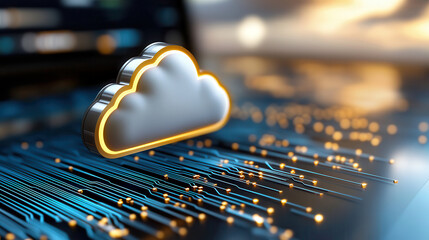 Fototapete - digital cloud storage visualization with floating cloud emitting light, symbolizing data transfer and connectivity