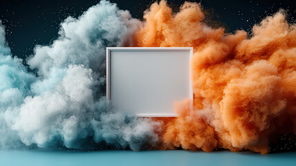 Poster - dynamic abstract art piece features empty floating frame in center, surrounded by swirling clouds of blue and orange smoke, creating striking contrast