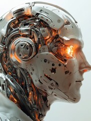 Aufkleber - Futuristic side profile of a humanoid head with advanced mechanical structures and a glowing robotic eye. Generative AI