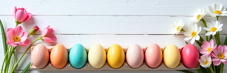 Poster - Natural Dyed Colorful Eggs And Spring Flowers Create A Beautiful, Rustic Scene Against A White Wooden Background With Plenty Of Space. 00001