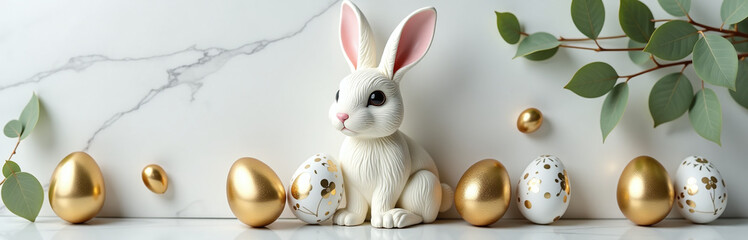 Aufkleber - Luxury Easter Bunny Surrounded By Gold And Eucalyptus Decorated Eggs On A White Marble Table In A Flat Lay Setting. 00001