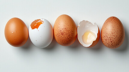 Poster - Five eggs, including cracked and speckled ones, are arranged in row on white surface, showcasing their varied textures and colors