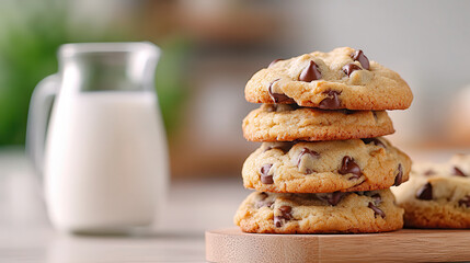 Poster - Freshly baked chocolate chip cookies stacked on wooden board next to glass of milk, creating cozy and inviting atmosphere