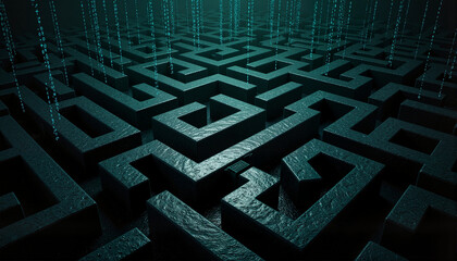 Futuristic maze of binary code with dark web atmosphere, digital journey