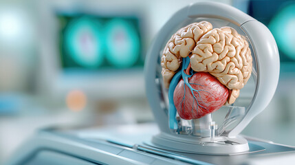 Poster - futuristic medical imaging device displays detailed model of human brain and heart, showcasing advanced technology in sterile hospital environment
