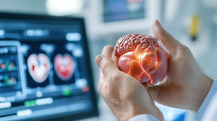 Poster - doctor holds 3D model of human heart with brain like features, illustrating advanced cardiology imaging technology in medical setting