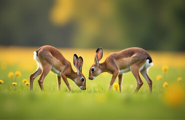 Poster - Hares Grazing On A Meadow In Soft Focus With Bokeh Effect Adding Artistic Touch To Serene Landscape Scene. 00001