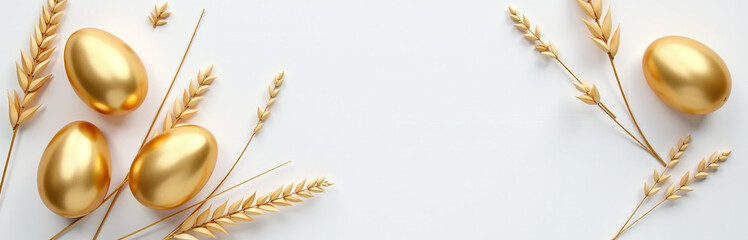 Aufkleber - Golden Eggs On A White Background With Dried Flax And Linum, Creating A Flat Lay Easter Decoration Style. 00002