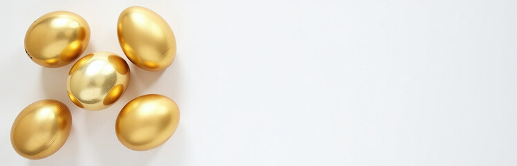 Poster - Golden Easter Eggs Sit Atop A Blank White Copy Space Background In An Overhead Perspective, Awaiting Creative Placement And Design. 00002