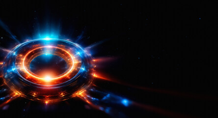 Fototapete - Abstract cosmic portal with vibrant blue and orange light bursts against a dark space backdrop.  Circular energy form emitting bright rays, suggestive of futuristic technology or celestial phenomenon.