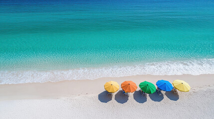 Sticker - Aerial view of tranquil beach with colorful umbrellas and clear water