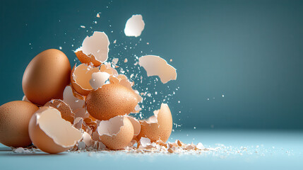 Poster - pile of eggshell fragments with smooth curves and subtle shadows against blue background, creating dynamic and delicate composition