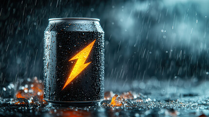 Poster - sleek black energy drink can with glowing lightning bolt symbol stands amidst raindrops, creating dynamic and electrifying atmosphere