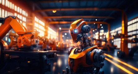 Poster - A futuristic orange robot stands in a brightly lit factory filled with automated machinery, suggesting advanced industrial production.