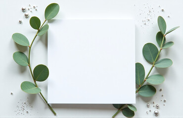 Poster - Elegant Modern Wedding Greeting Card Design Featuring A Blank White Mockup With Eucalyptus Leaves And Silver Details On A Textured Background. 00002