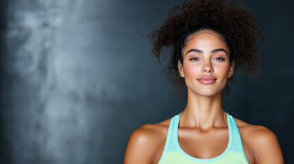 Wall Mural - Energetic woman in colorful sports bra with confident smile