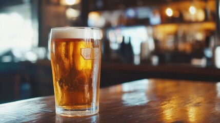 Poster - Refreshing cold beer served in a clear glass on a wooden table in a cozy bar with warm lighting. Generative AI